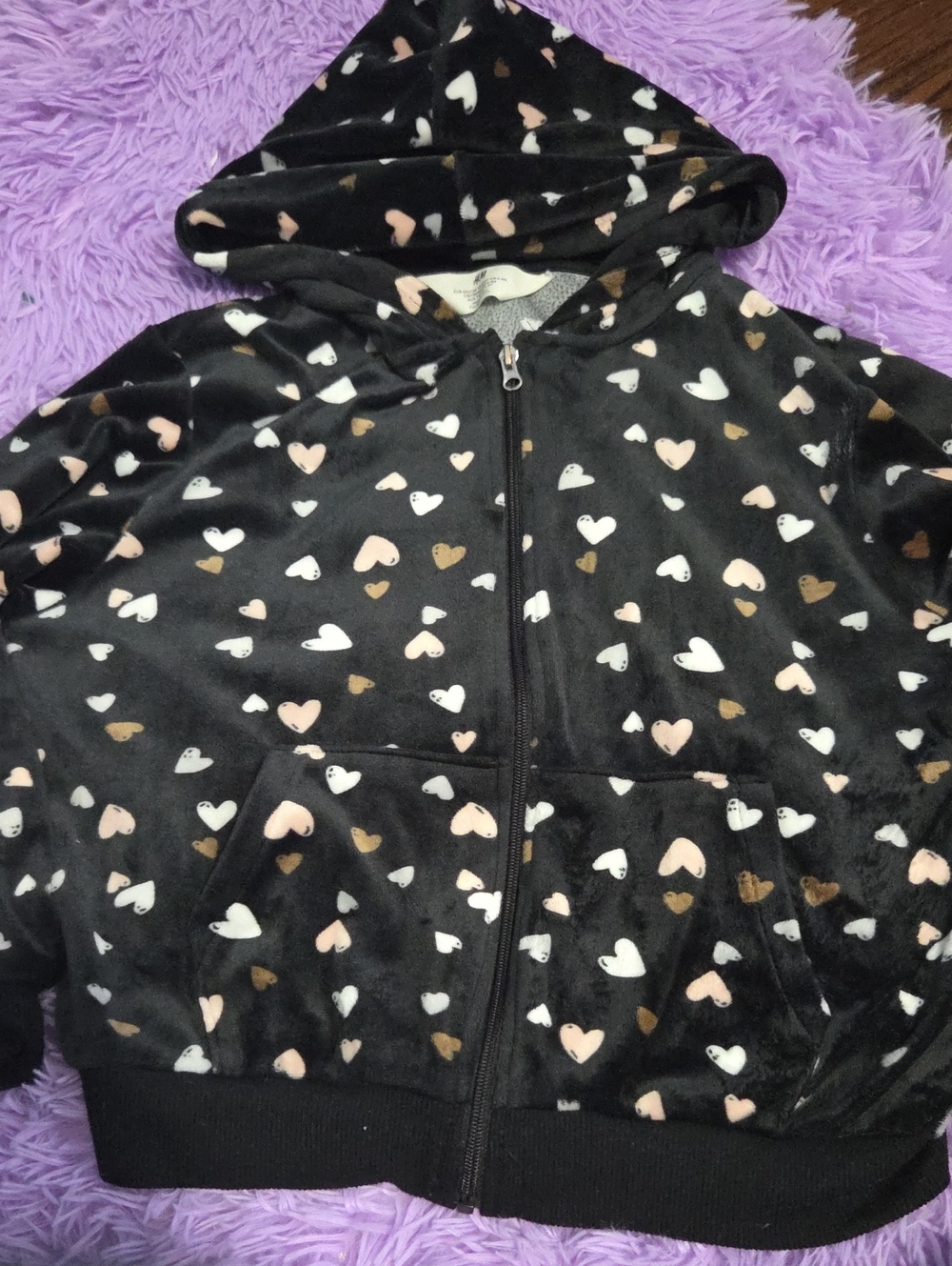 H&M Black Hooded Zip Velour Style Sweatshirt with Heart Print 6x/7